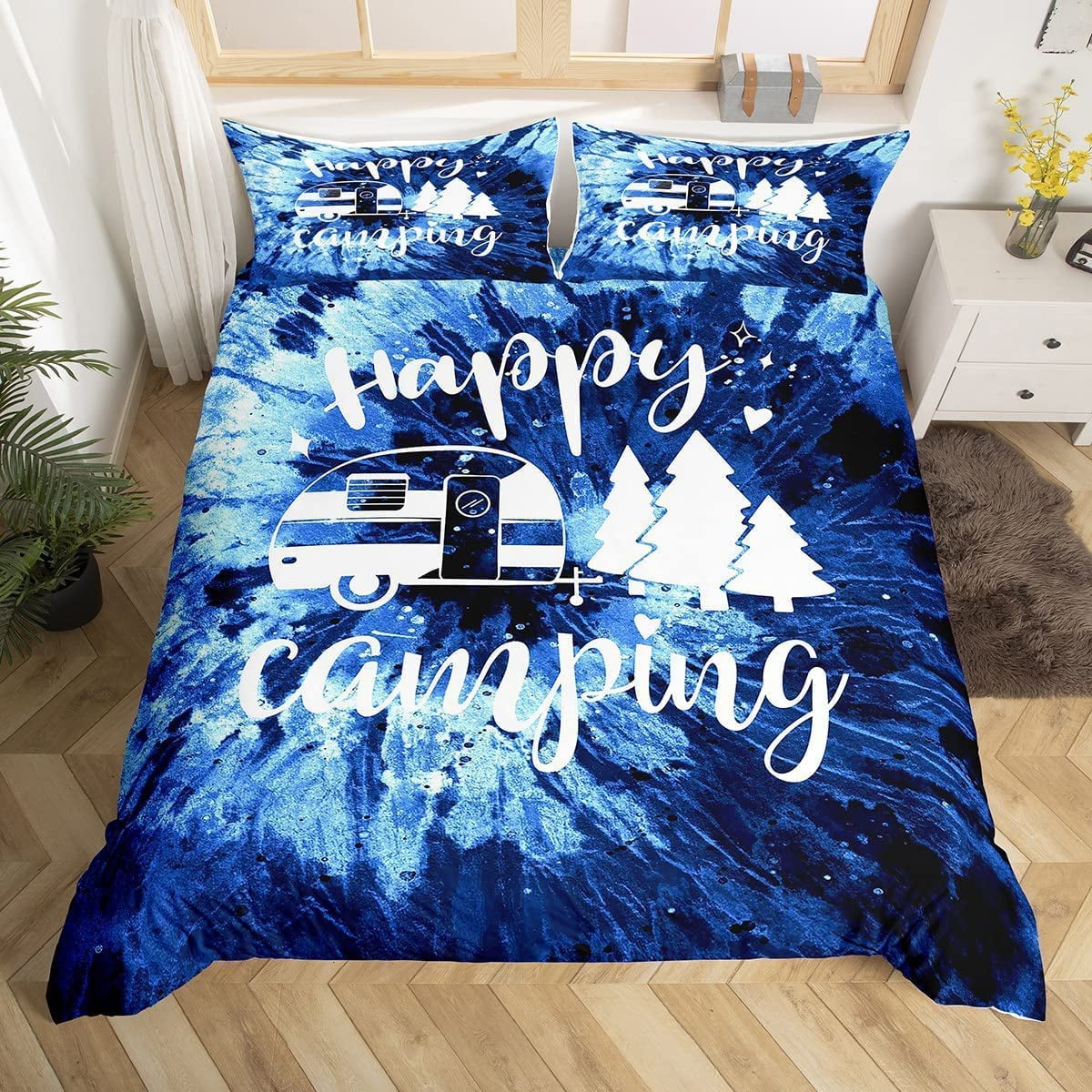 Happy Camping Camper Duvet Cover Set,Watercolor Blue Tie Dye Comforter Cover with 2 Pillowcases