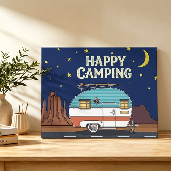 Happy Camping Canvas Wall Art, Summer Travel Flat Vector Nighttime Vintage Camper Wall Art Prints Artwork Framed Canvas Ready to Hang Art Pictures for Bathroom Bedroom Entry Desk Corner 10" x 8"
