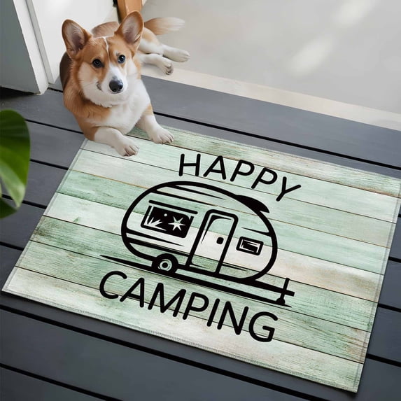 Happy Camping Car Front Door Rugs 2x3 ft Vintage Camp Car Happy Camping Green Wood Grain Small Rug for Entryway Non Slip Washable Bathroom Door Mat Absorbent Floor Mat for Indoor Entrance