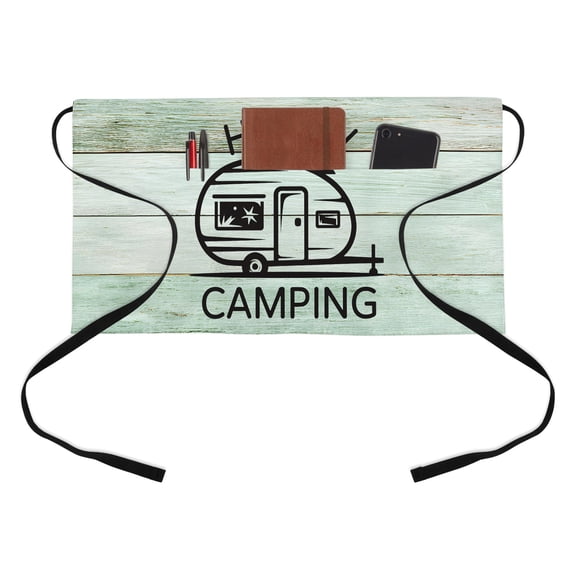 Happy Camping Car Kitchen Restaurant Half Waist Apron, Vintage Camp Car Happy Camping Green Wood Grain Server Short Apron with 3 Pockets Waterproof Oil Waist Aprons for Women Waitress Waiter