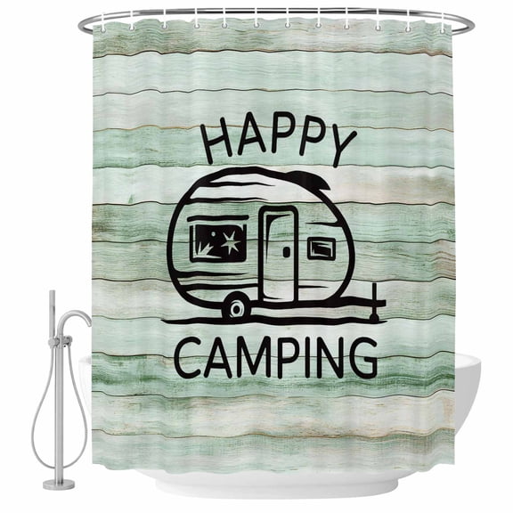 Happy Camping Car Shower Curtain, 72" x 72", Vintage Camp Car Happy Camping Green Wood Grain Waterproof Bathroom Curtain Washable Shower Curtain Set with 12 Hooks
