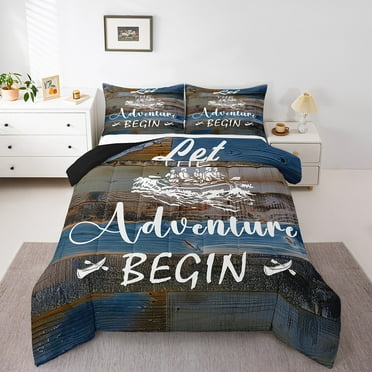 Happy Camping Comforter Set Camper Bedding Sets Rustic Farmhouse Themed Bedding Comforter Sets Vintage Wooden Planks Down Comforter Adventure Theme Quilt Set