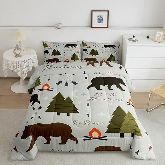 Happy Camping Comforter Set Full Size Hunt Bear Pine Trees Bedding Set Men Adults Cabin Room Decor Campfire Arrow Cartoon Quilt Set Outdoor Adventure Duvet Insert