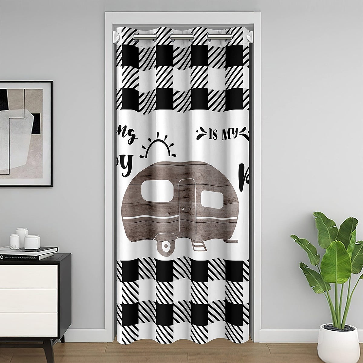 Happy Camper Door Curtain - Rustic Wood Plank Design, 34x80 Inch, Velvet Fabric, Grommet Top, Room Divider