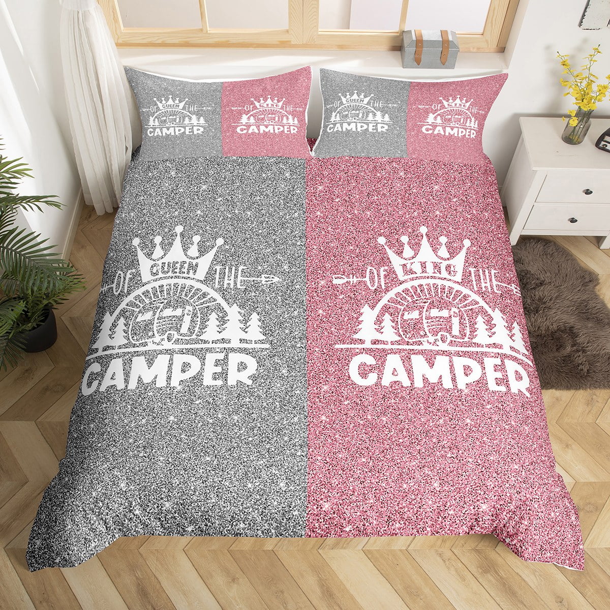 Happy Camping Duvet Cover Twin,King and Queen Crown Camper Bedding Set