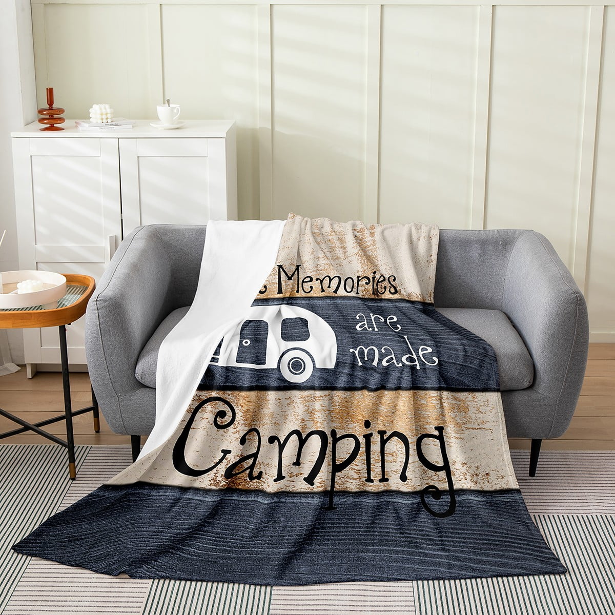 Happy Camping Flannel Fleece Blanket Throw Size, Rustic Camper Rv