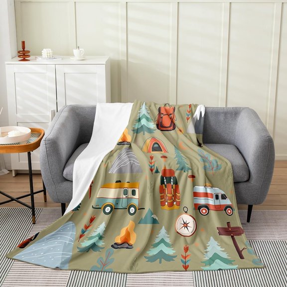 Happy Camping Fleece Throw Blanket Kids Boys Girls Travel Bag Tent Print Flannel Blanket Plush Fuzzy Soft Outdoor Travel for Bed Couch Chair Living Room Travel Trailers Themed Camping 30" x 40"
