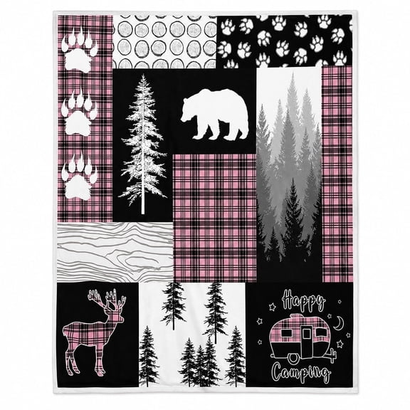 Happy Woodland Bear Deer Patchwork Pink Plaid Fleece Throw Blanket, Soft 280 Gsm Polyester, Animal Lover Decor for Couch, Sofa & Bed