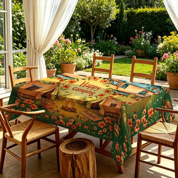 Happy Camping Flower Camp Tent Camper Van 2D Print Rectangular Tablecloth, Decorative Cover for Kitchen Dining Backyard Patio Garden, Perfect Christmas Holiday Gift