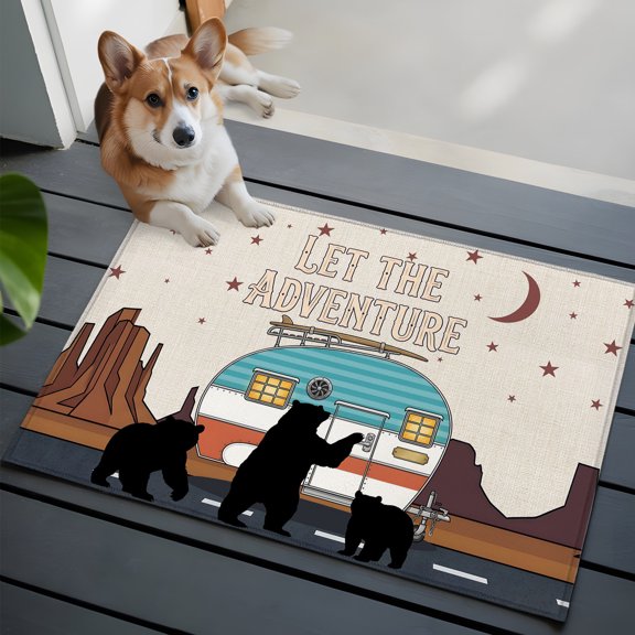 Happy Camping Front Door Rugs 2x3ft Summer Travel Vector Black Bear Rustic Beige Washable Rug, Non Slip Indoor Carpet Absorbent Floor Mat for Living Room Bedroom Dining Room