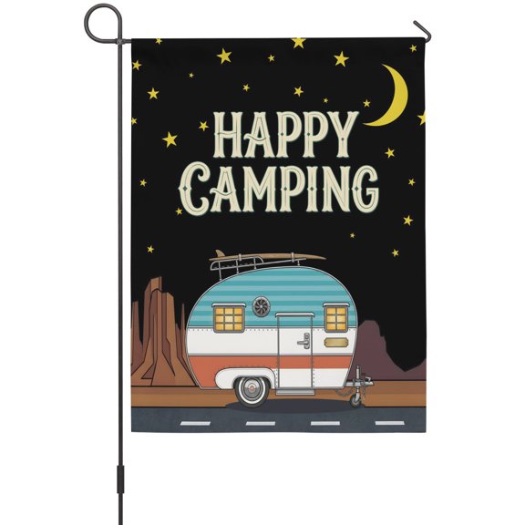 Happy Camping Garden Flag 12 x 18 Inches, Summer Black Night Camping Travel Mountain Moon Stars Weather Proof Outdoor Patio Flags Double Sided Small Garden Decoration for Yard Outside Home