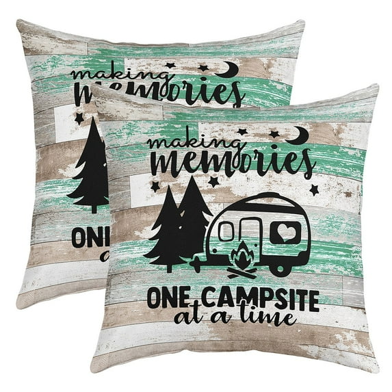 Happy Camping Pillow Covers,Camper Throw Pillow Covers for Travel Trailers,RV Camping Car Accent Pillow Cases,Retro Teal Ombre Art Rustic Farmhouse Style Cushion Covers Khaki 22x22 inch set of 2