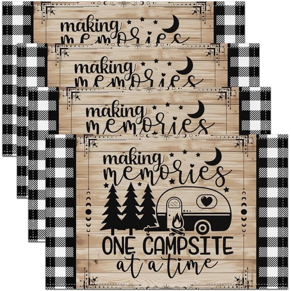 Happy Camping Placemats 12X18,Camper Travel Trailers Place Mats,Wooden Farm Table Mats for Dining Table,Black White Lattice Placemats for Kitchen Table,Sun Moon Pine Tree Waterproof Placemats
