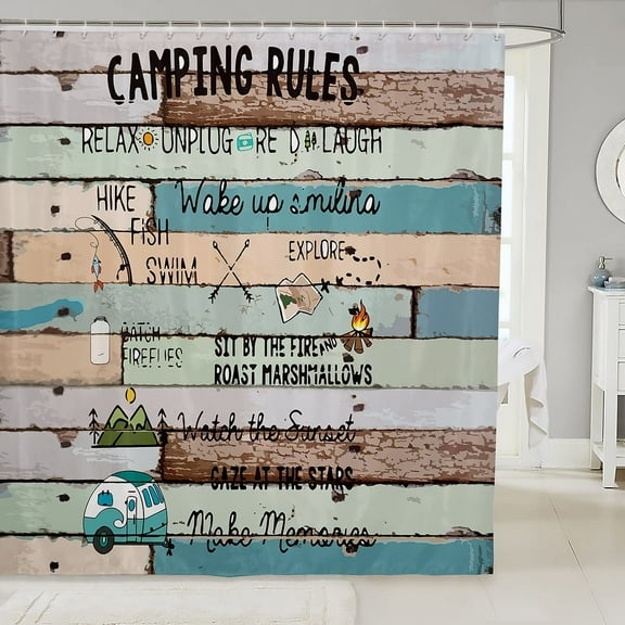 Happy Camping Print Bathroom Fabric Shower Curtain Set Camping Travel Car Shower Curtain Camper Theme Bath Curtain for Vintage Wooden Waterproof Curtains Stalls Bathtubs Decor 72"x84"