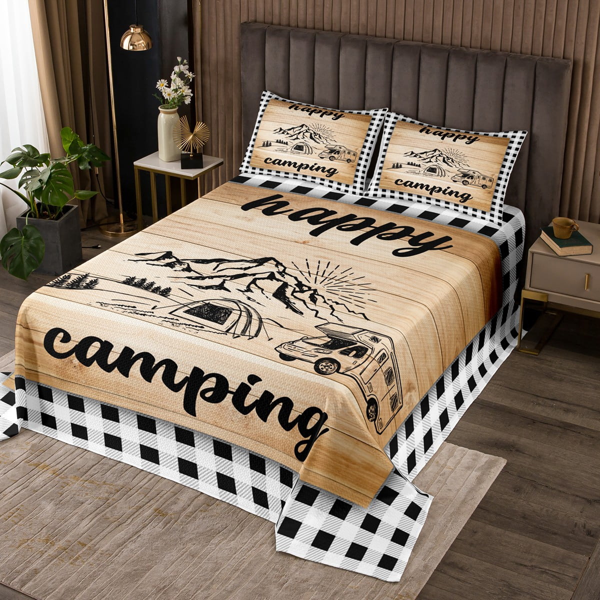 Happy Camping Quilt Set Queen Size, Rv Camper Coverlet Set Vintage Wood Rustic Farmhouse