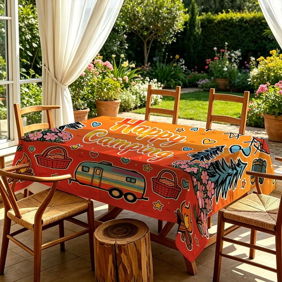 Happy Camping Retro RV Camper Picnic 2D Print Tablecloth, Graphic Decorative Table Cover for Kitchen Dining Outdoor Patio Camping Gatherings, Ideal Gift for Camping & Adventure Lovers