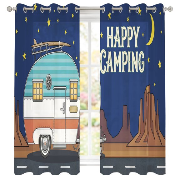 Happy Camping Sheer Curtains 39 Inch Long 2 Panels, Summer Travel Flat Vector Nighttime Vintage Camper Light Filtering Semi Sheer Drapes Grommet Voile Window Curtain for Living Bedroom W27.9 x L39