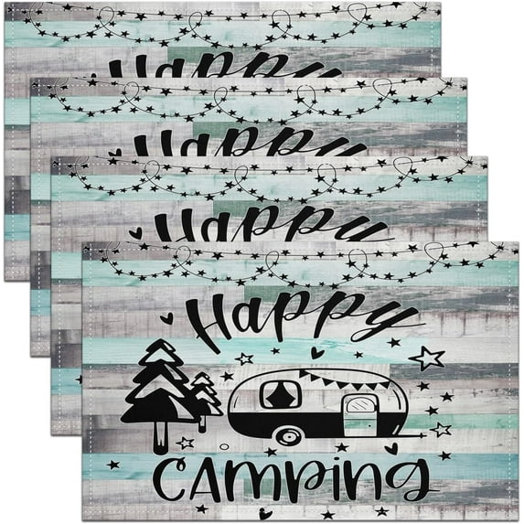 Happy Camping Table Mats Placemat Camper Placemats Set of 4 RV Decor Rustic Farmhouse Style Placemats for Dining Table Indoor Outdoor Kitchen 12"x18" RV Camping Decor Table Place Mats