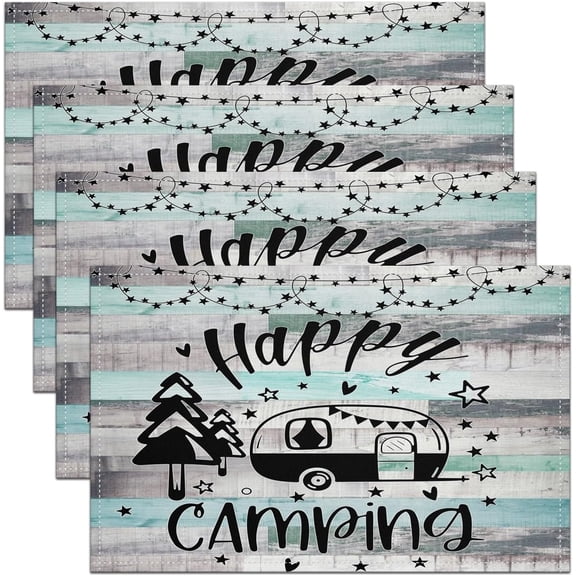Happy Camping Table Mats Placemat Camper Placemats Set of 4 RV Decor Rustic Farmhouse Style Placemats for Dining Table Indoor Outdoor Kitchen 12"x18" RV Camping Decor Table Place Mats