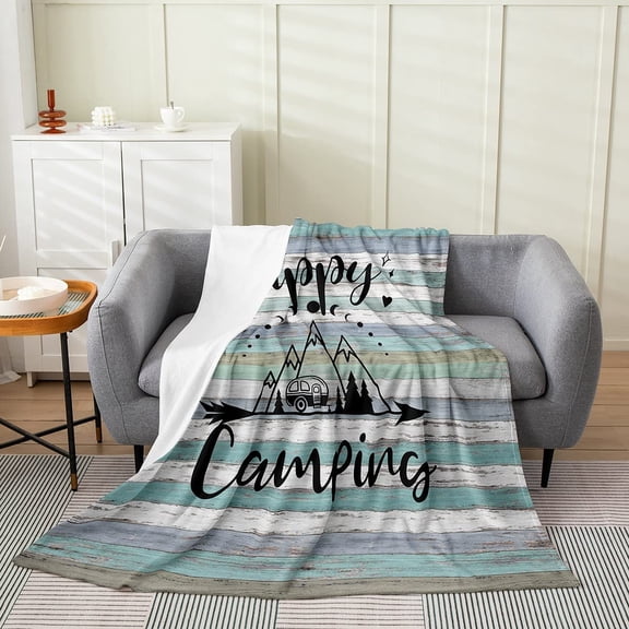 Happy Camping Throw Blanket,Retro Wooden Rustic Camper Fleece Blanket for Kids Boys Girls,Camping Travel Car Flannel Blanket Baby 30x40,Camper Woodland Tree Mountain Plush Blanket Bedroom Decor
