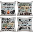 thumbnail image 1 of Happy Camping Throw Pillow Covers 18x18 Set of 4, Camper Linen Cushion Covers for Sofa, Rustic Farmhouse Pillow Covers Camper Best Gifts for RV Owners, RV Gifts Vintage Wooden Cushion Cases, 1 of 6