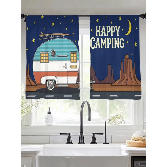 Happy Camping Window Sheer Curtain Summer Travel Flat Vector Nighttime Vintage Camper Semi Curtain Sheers Light Filtering Rod Pocket Voile Drapes for Bedroom Living Room 52 X 45 Inch, 2 Panels