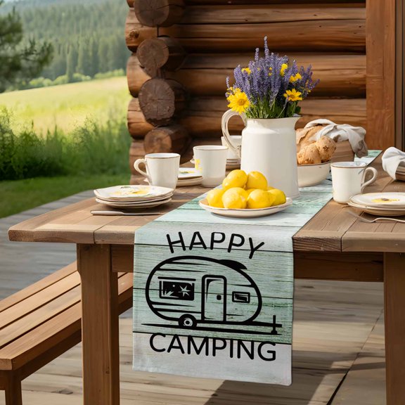 Happy Camping Words on Wood Board Table Runner 13x70in Non-Slip Cotton Linen Table Runners, Country Wooden Striped Dresser Scarves TableRunner for Dinner Kitchen Dining Wedding Party