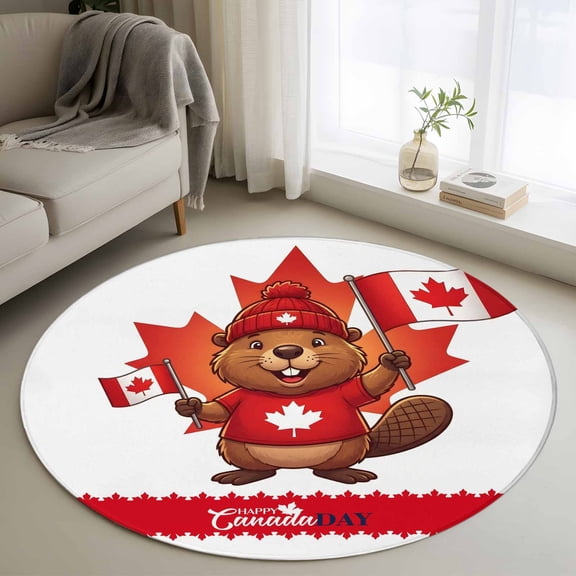 Happy Canada Day 3FT Round Area Rugs Red Maple Leaf Flag Beaver Animal Soft Small Round Rug Non-Slip, Ultra-Thin Indoor Circle Carpet for Bedroom Entryway Kitchen Bathroom