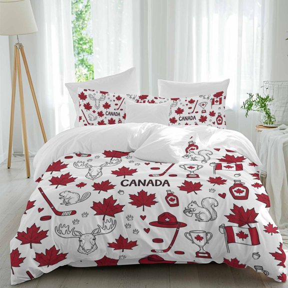 Happy Canada Day 4 Piece Duvet Cover Set Queen Size Red Maple Leaf Flag Line Beaver Squirrel Soft Bedding Set Comforter Cover, 1 Duvet Cover 1 Flat Sheets and 2 Pillowcases