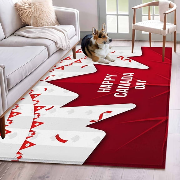 Happy Canada Day Area Rugs 4x6 ft Red Maple Leaf Gray Strip July 1st Washable Rug Non Slip Indoor Carpet Absorbent Floor Mat for Living Room Bedroom Dining Room
