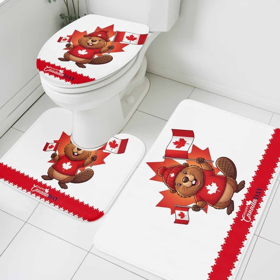 Happy Canada Day Bathroom Rugs Set Red Maple Leaf Flag Beaver Animal Non Slip Absorbent Soft Bath Mats 3 Piece Set with Bathroom Rug, U-Shaped Floor Mat, Toilet Seat Cover Small Size