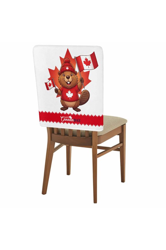 Happy Canada Day Chair Back Covers Set of 8 Red Maple Leaf Flag Beaver Animal Removable Dining Chair Slipcovers Washable Seat Protector for Restaurant Party Banquet Kichen Decor