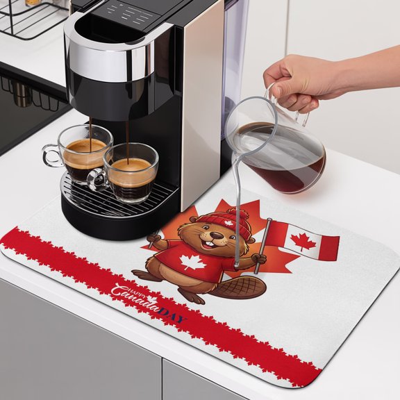Happy Canada Day Dish Drying Mats for Kitchen Counter, Red Maple Leaf Flag Beaver Animal Absorbent Coffee Bar Mat with Non-slip Rubber Backed Quick Drying Dish Rack Pad 12"x16"