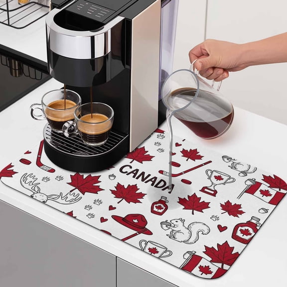 Happy Canada Day Dish Drying Mats for Kitchen Counter, Red Maple Leaf Flag Line Beaver Squirrel Absorbent Coffee Bar Mat with Non-slip Rubber Backed Quick Drying Dish Rack Pad 12"x16"