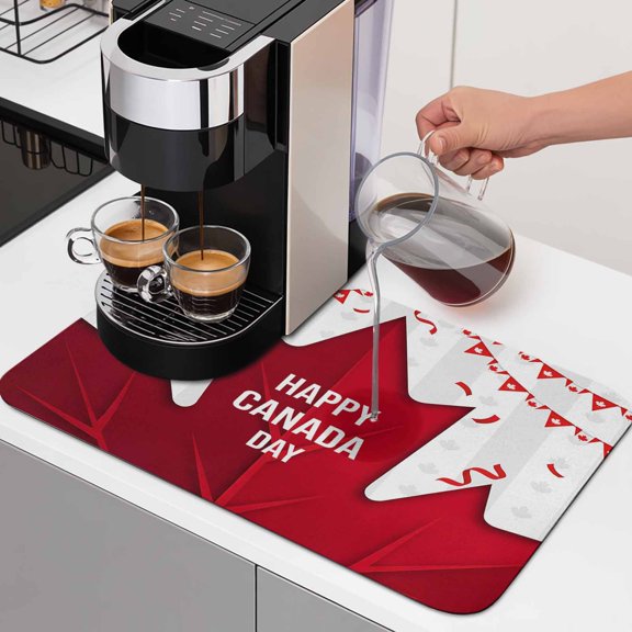 Happy Canada Day Dish Drying Mats for Kitchen Counter, Red Maple Leaf Gray Strip July 1st Absorbent Coffee Bar Mat with Non-slip Rubber Backed Quick Drying Dish Rack Pad 12"x16"