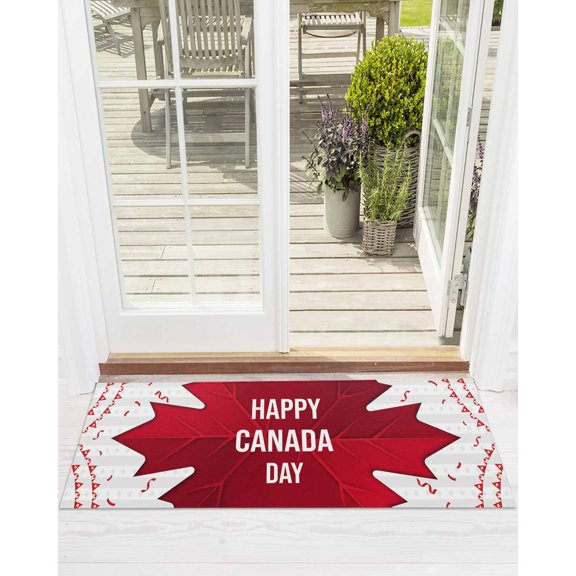 Happy Canada Day Front Door Mat Red Maple Leaf Gray Strip July 1st Welcome Doormat Indoor Outdoor Entrance Floor Mat Non-Slip Washable Runner Rug for Front Porch Decor 24x71 Inch