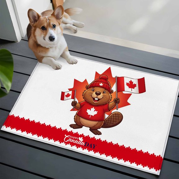 Happy Canada Day Front Door Rugs 2x3 ft Red Maple Leaf Flag Beaver Animal Small Rug for Entryway Non Slip Washable Bathroom Door Mat Absorbent Floor Mat for Indoor Entrance