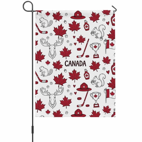 Happy Canada Day Garden Flag 12 x 18 Inches, Red Maple Leaf Flag Line Beaver Squirrel Weather Proof Outdoor Patio Flags Double Sided Small Garden Decoration for Yard Outside Home