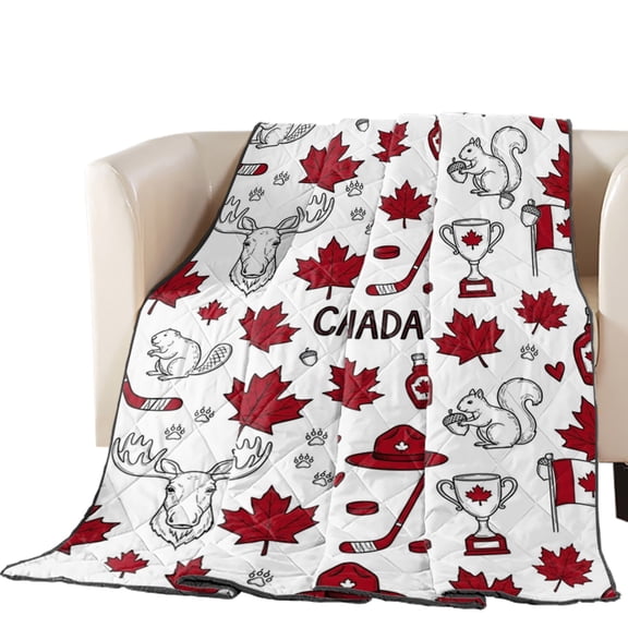 Happy Canada Day Quilted Comforters Cooling Blanket Queen Size, Red Maple Leaf Flag Line Beaver Squirrel Cold Comfort for Hot Sleepers Lightweight Air Conditioning Quilt Blanket for Bed