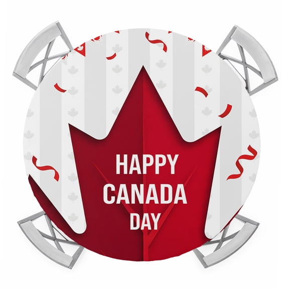 Happy Canada Day Round Table Cover, Red Maple Leaf Gray Strip July 1st Waterproof Fitted Tablecloths for 36"-44" Tables, Washable Picnic Table Cover for Camping Dining Indoor Outdoor