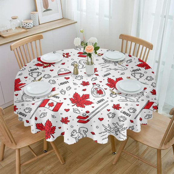 Happy Canada Day Round Tablecloth 60 Inch - Waterproof Fabric Table Cloth Protector, Filling Autumn Red Maple Black Line Beaver Tablecloths Washable Table Cover for Kitchen Banquet Coffee Table Party