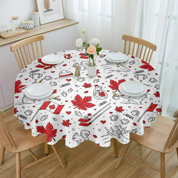 Happy Canada Day Round Tablecloth 60 Inch - Waterproof Fabric Table Cloth Protector, Filling Autumn Red Maple Black Line Beaver Tablecloths Washable Table Cover for Kitchen Banquet Coffee Table Party