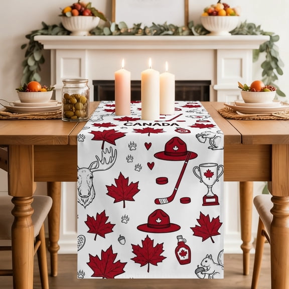 Happy Canada Day Table Runner 13x36 Inch Red Maple Leaf Flag Line Beaver Squirrel Cotton Linen Dining Table Runner Ideal for Dresser Kitchen Coffee Tables - Machine Washable