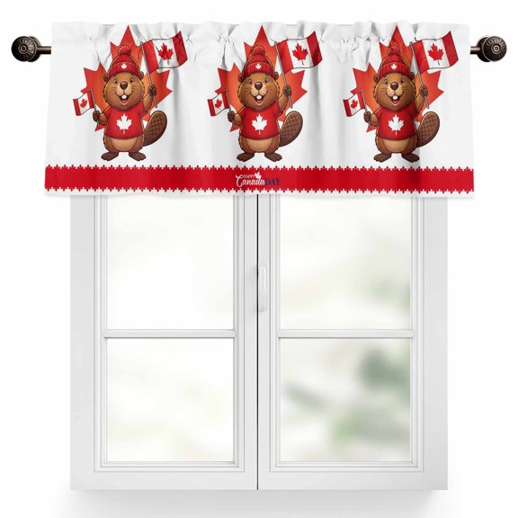 Happy Canada Day Valances for Windows Red Maple Leaf Flag Beaver Animal Valance Curtains Rod Pocket Bathroom Small Window Treatments for Kitchen Living Room Bedroom, 42"x12"