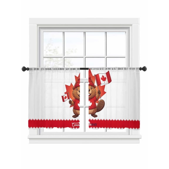 Happy Canada Day Window Sheer Curtain Red Maple Leaf Flag Beaver Animal Semi Curtain Sheers Light Filtering Rod Pocket Voile Drapes for Bedroom Kitchen Living Room 52 X 54 Inch, 2 Panels