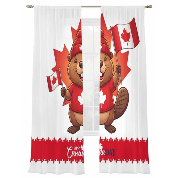 Happy Canadian Day Sheer Curtains 84 inches Long 2 Panels Set Red Beaver Maple Leaf Flag Sheer Drapes Rod Pocket Window Curtains for Living Room/Bedroom