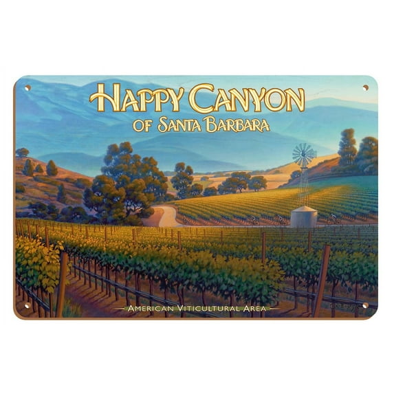 Happy Canyon of Santa Barbara Wineries - California Vineyards Wine Country Art by Kerne Erickson - 8 x 12 inch Vintage Wood Art Sign