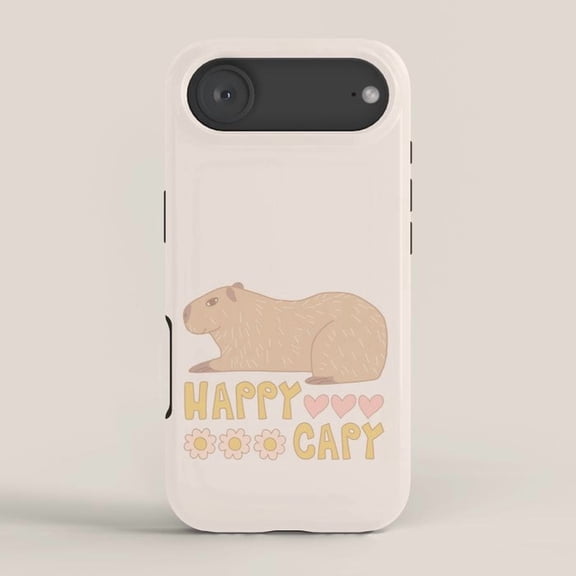 Happy Capy Capybara with Pink Hearts and Yellow Daisies Tough Case for Apple iPhone, Polycarbonate and TPU