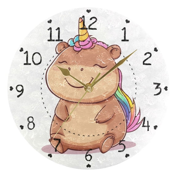 Happy Capybara with Rainbow Hair Round Wall Clock Silent Analog Battery Operated Gold Pointer Home Decor 9.84" Diameter
