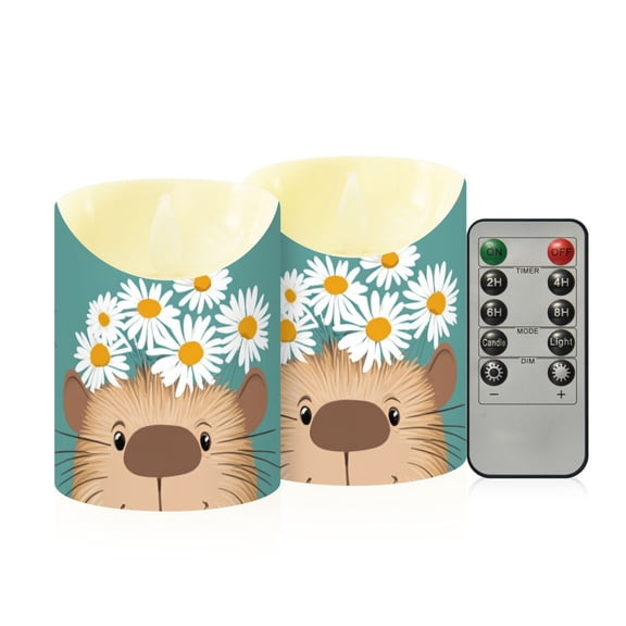 Happy Capybaras with Flower Garlands Flickering Flameless Candles with Remote Timer Battery Operated LED Tealight Set of 2 M